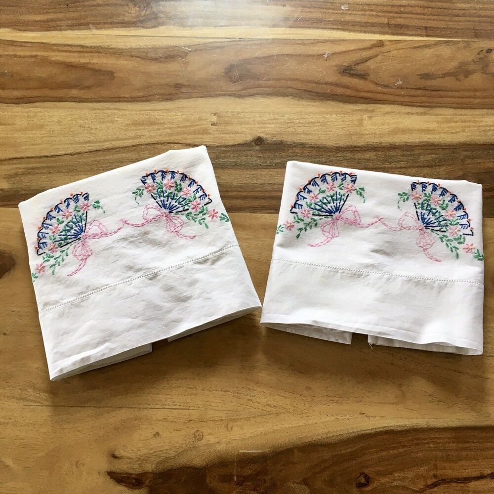 Vintage Hand Embroidered Pillow Cases - Fans - Standard size